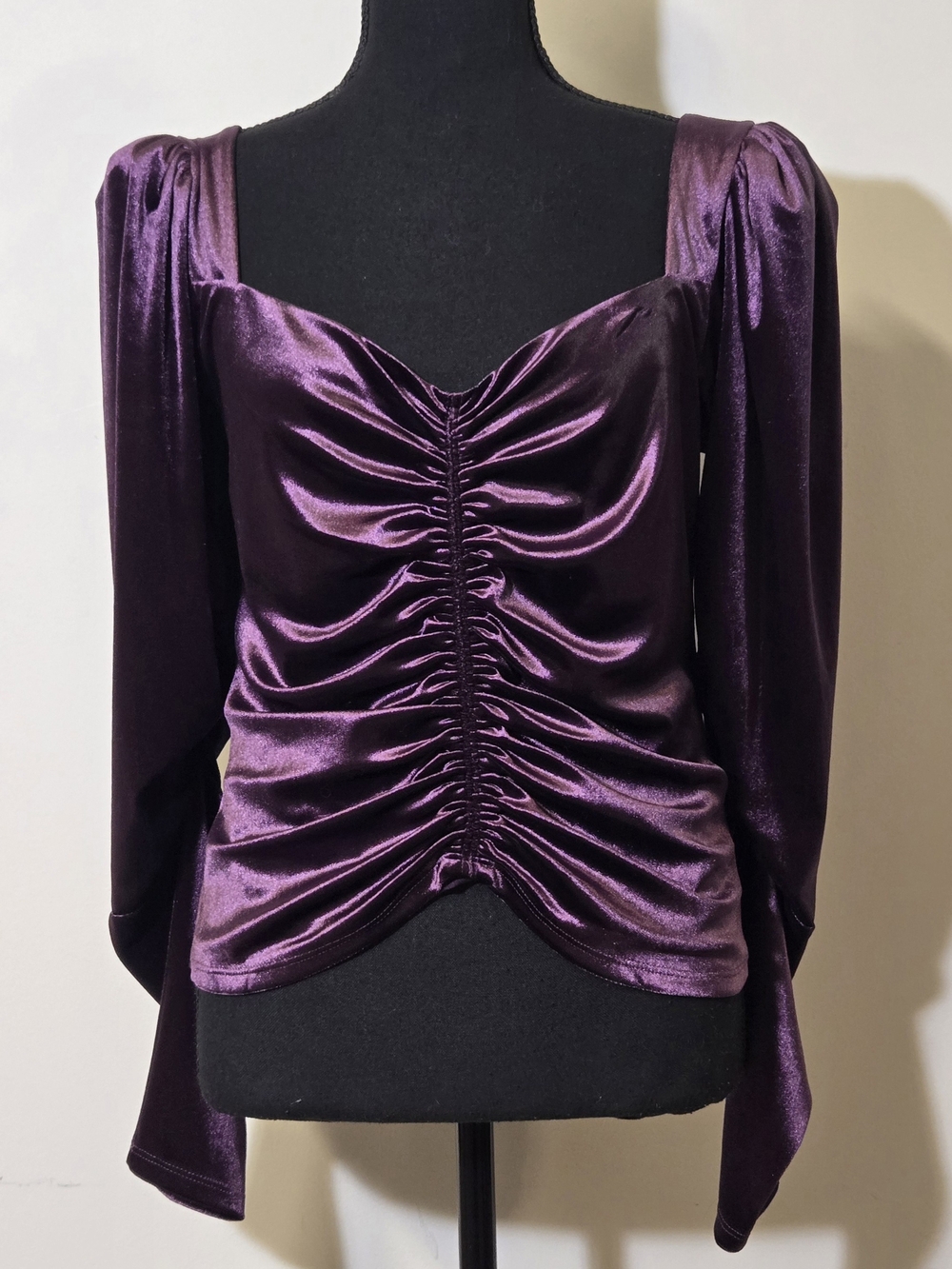 Express Shiny Purple Ruched Sweetheart Long-Sleeve Blouse